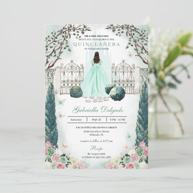 Convites Mint Green Blush Encantado Jardim Quinceanera (Em pé/Frente)