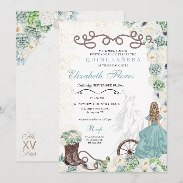 Convites Mint Green Cactos Western Charro Horse Quinceañera (Frente/Verso)