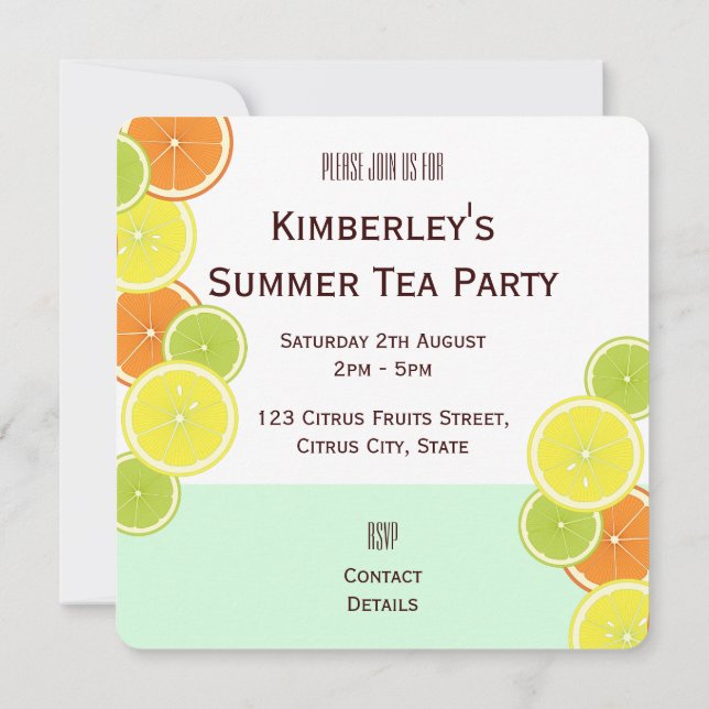 Convites Mint Green Citrus Fruta Slices Summer Tea Party (Verso)