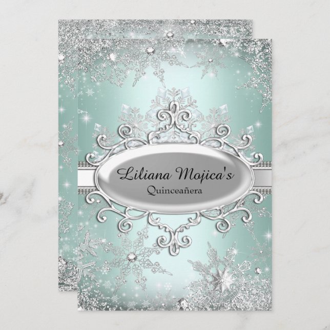 Convites Mint Green Crystal Snowflake Princesa Quinceanera (Frente/Verso)