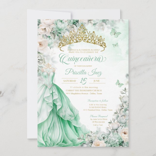 Convites Mint Green Dourada Butterfly Princess Quinceañera (Frente)