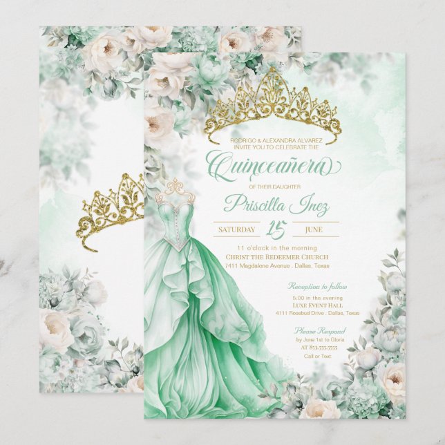 Convites Mint Green Dourada Elegante Princesa Quinceañera (Frente/Verso)