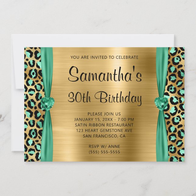 Convites Mint Green Dourado Leopard Foil Heart aniversário  (Frente)