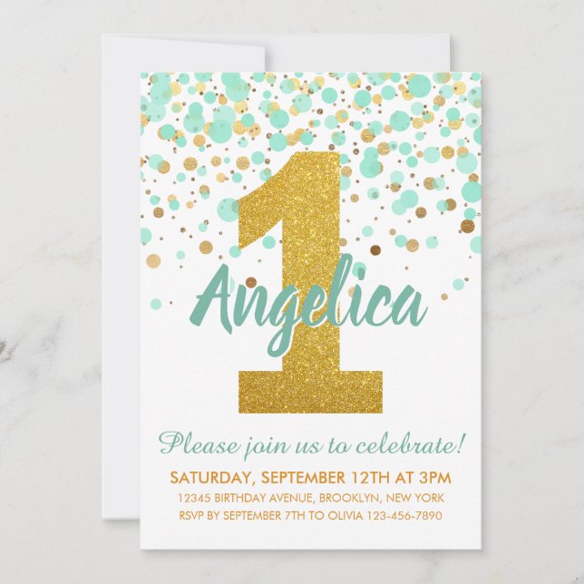 Convites Mint Green Dourado primeiro aniversario Confetti B (Frente)