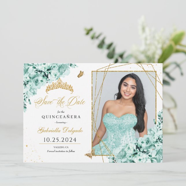 Convites Mint Green & Dourado Quinceañera Salve A Foto Da D (Em pé/Frente)