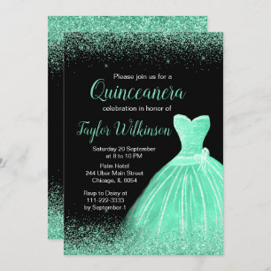 Convites Mint Green Dress Faux Glitter Quinceanera