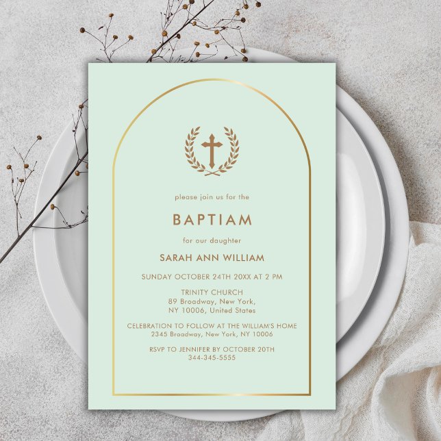 Convites Mint Green Elegant Dourada Arch Wreath Cross Bapti (Mint Green Elegant Gold Arch Wreath Cross Baptism Invitation)