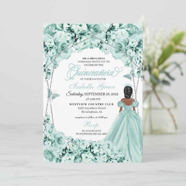 Convites Mint Green Elegant Floral Quinceanera (Em pé/Frente)