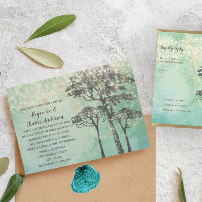 Convites Mint Green Fairy Lights Woodsy Invitation (Criador carregado)