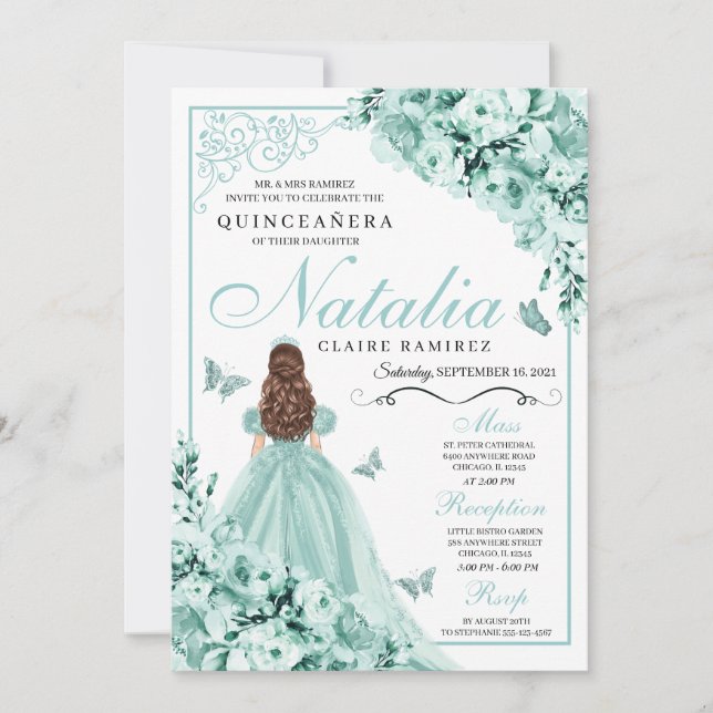 Convites Mint Green Floral Butterflies Quinceanera (Frente)