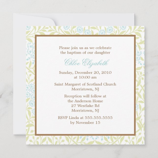 Convites Mint Green Floral Damask Christening (Frente)