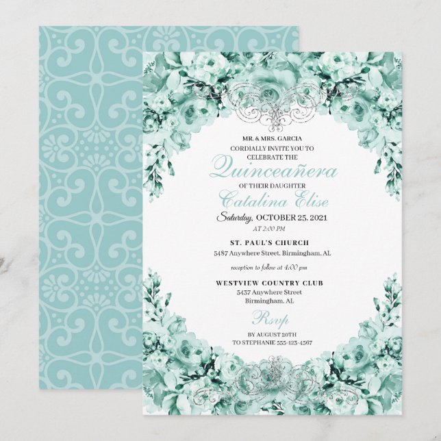 Convites Mint Green Floral Quinceanera Birthday (Frente/Verso)