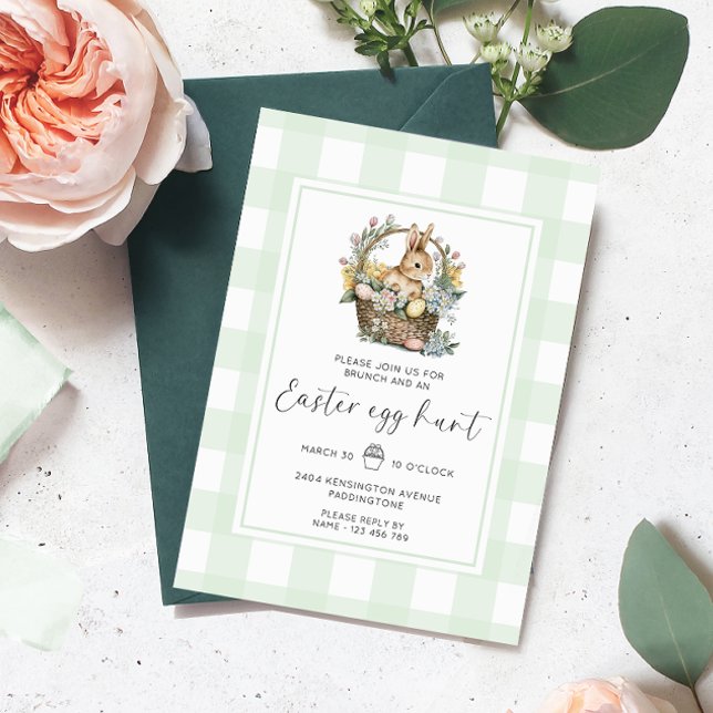 Convites Mint Green Gingham Bunny Easter Hunt (Easter Egg Hunt Invitation Gingham )