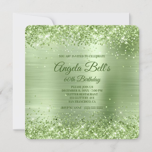 Convites Mint Green Glitter Brushing Foil 60º Aniversário (Frente)
