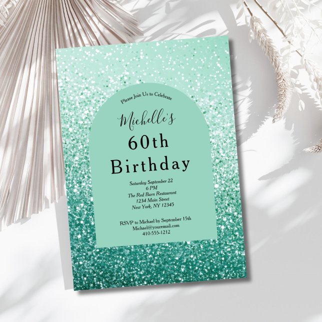 Convites Mint Green Glitter Glam Bling 60th Birthday (Mint Green Glitter 60th ( or any year ) birthday invitation for her. Glam Bling. Printed or Digital)