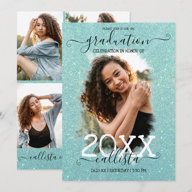 Convites Mint Green Glitter Halo Photo Collage Graduação (Frente/Verso)