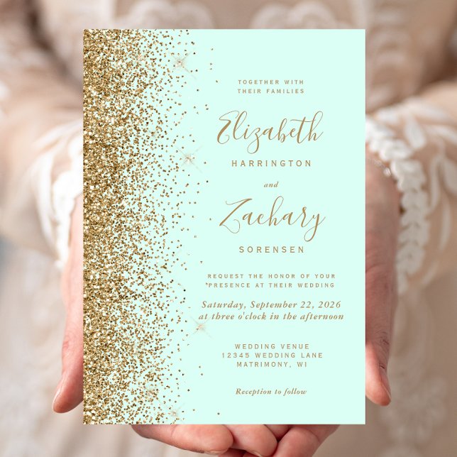 Convites Mint Green Gold Glitter Wedding (Criador carregado)