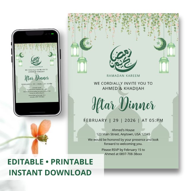 Convites Mint Green Hanging Vines Ramadan Iftar Invitation (Criador carregado)