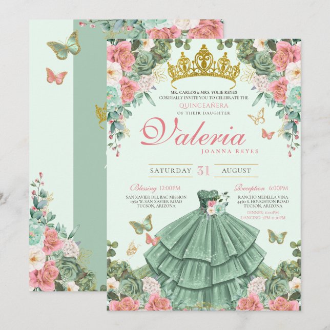 Convites Mint Green Pink Roses Butterfly Princess Quince (Frente/Verso)