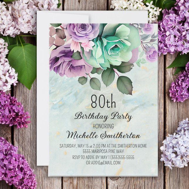 Convites Mint Green Purple Floral Butterfly 80 Birthday (Criador carregado)