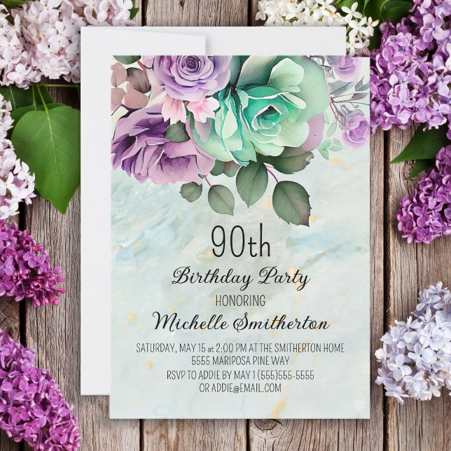 Convites Mint Green Purple Floral Butterfly 90 Birthday (Criador carregado)