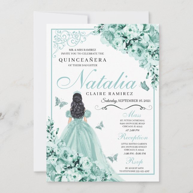 Convites Mint Green Rosa Princesa Dress Quinceanera (Frente)