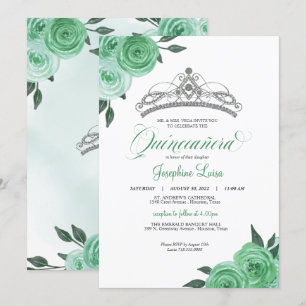 Convites Mint Green Rosa Silver Tiara Quinceañera Anivers