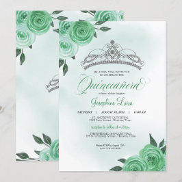 Convites Mint Green Rosa Silver Tiara Quinceañera Aniversár