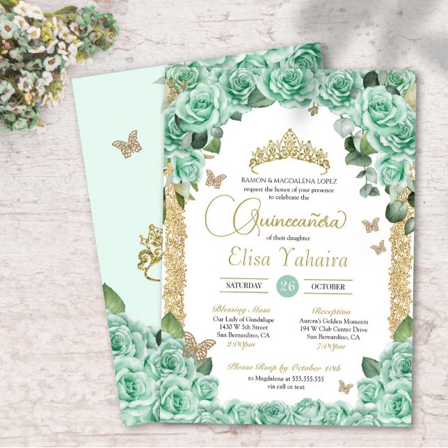 Convites Mint Green Rosas & Butterfly Quinceanera (Criador carregado)