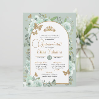 Convites Mint Green Sage Borboleta Dourada Floral Quinceañe