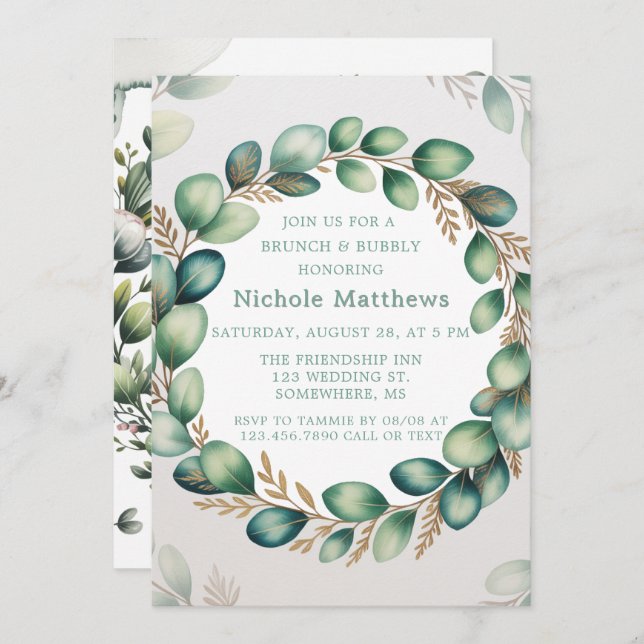 Convites Mint Green & Sage Eucalyptus Brunch & Bubble (Frente/Verso)