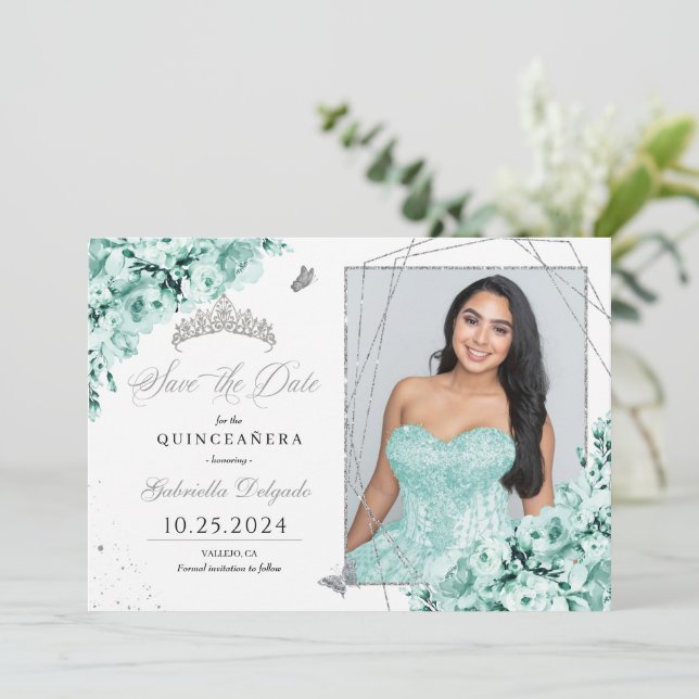 Convites Mint Green Silver Quinceañera Salve A Foto Da Data (Em pé/Frente)