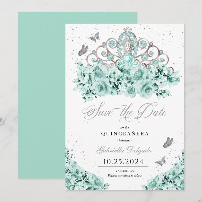 Convites Mint Green Silver Tiara Salve A Data Quinceañera (Frente/Verso)