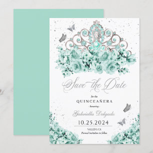 Convites Mint Green Silver Tiara Salve A Data Quinceañera