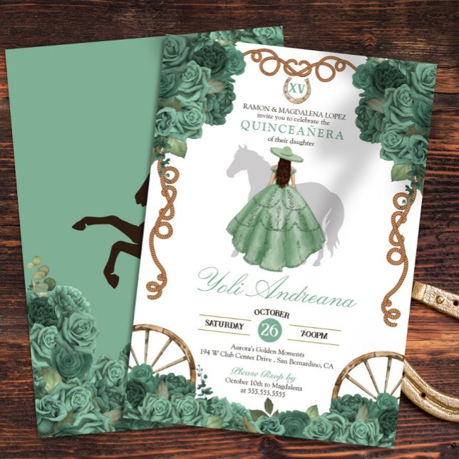 Convites Mint Green Western Charra Quinceañera (Criador carregado)