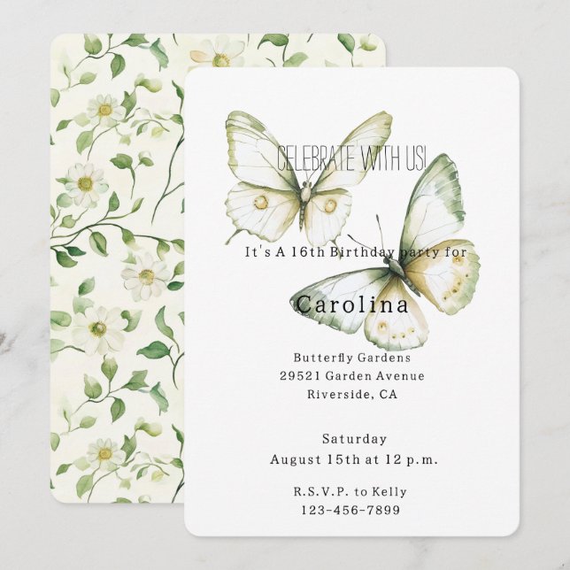 Convites Mint Green White Butterflies Birthday (Frente/Verso)