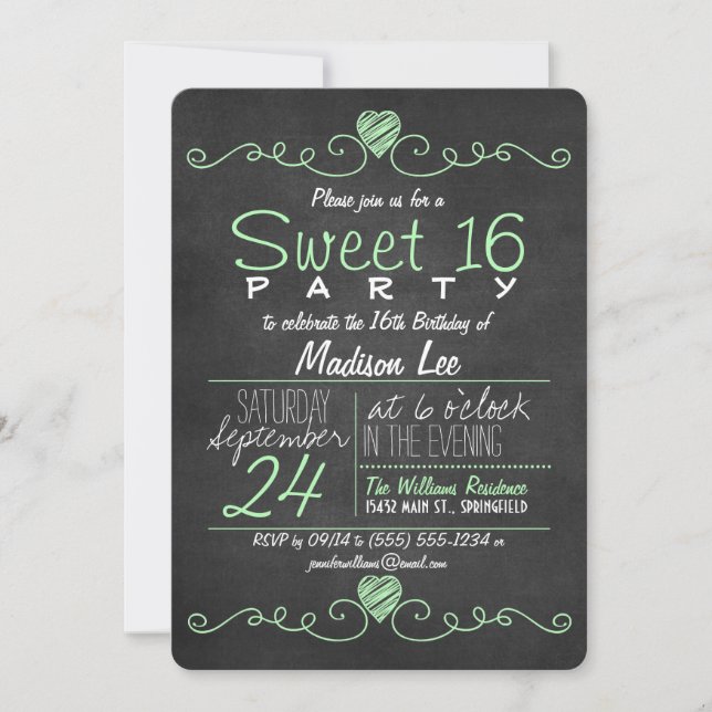 Convites Mint Green, White Chalkboard Hearts Doce 16 Party (Frente)