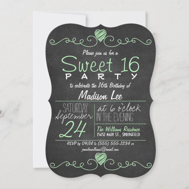 Convites Mint Green, White Chalkboard Rustic Sweet 16 Party (Frente)