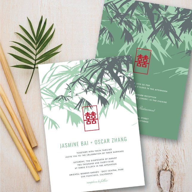 Convites Mint Green Zen Bamboo deixa casamento chinês chic (Mint Green Zen Bamboo Leaves Chic Chinese Wedding Invitation @ fatfatin_red_knot)