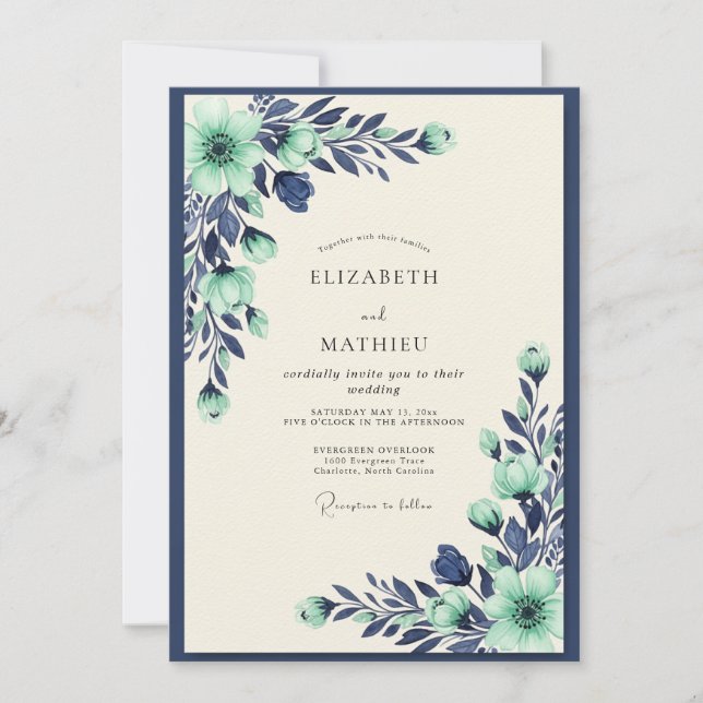 Convites Mint Navy Tranquil Botanical Wedding (Frente)