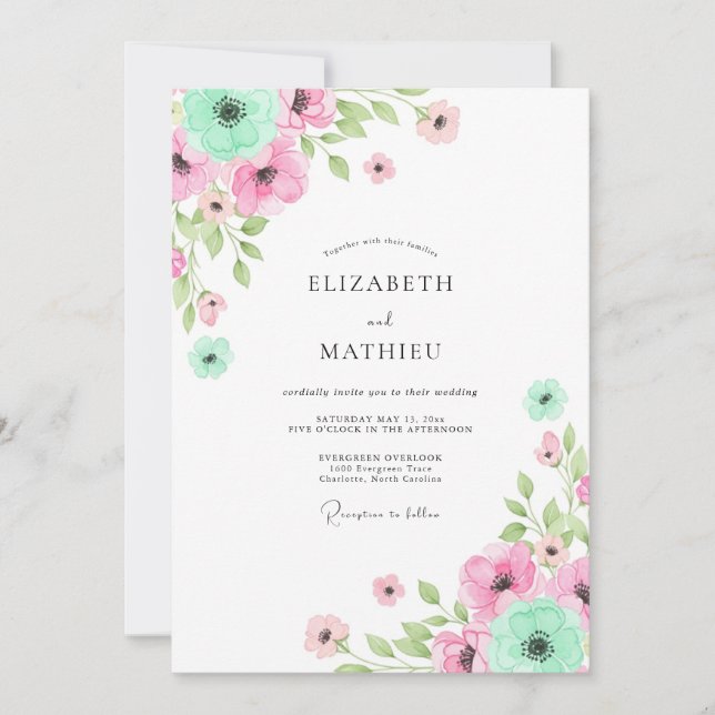 Convites Mint Pink Floral Whimsy Wedding (Frente)