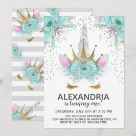 Convites Mint, Prata e Dourada Princesa Unicorn Aniversário