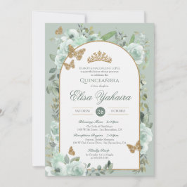 Convites Mint Sage Green Watercolor Butterfly Quinceanera