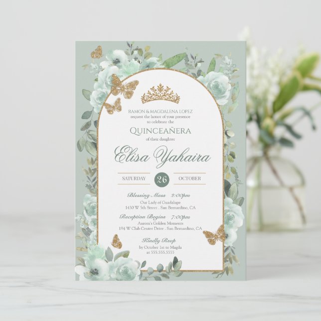 Convites Mint Sage Green Watercolor Butterfly Quinceanera (Em pé/Frente)