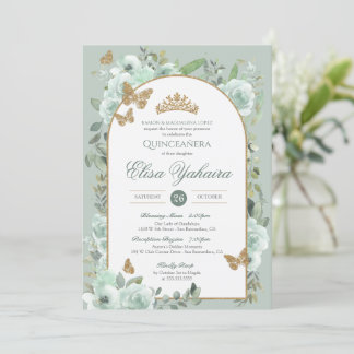 Convites Mint Sage Green Watercolor Butterfly Quinceanera
