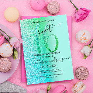 Convites Mint Sea Green Blue Glitter Ombre Sweet 16