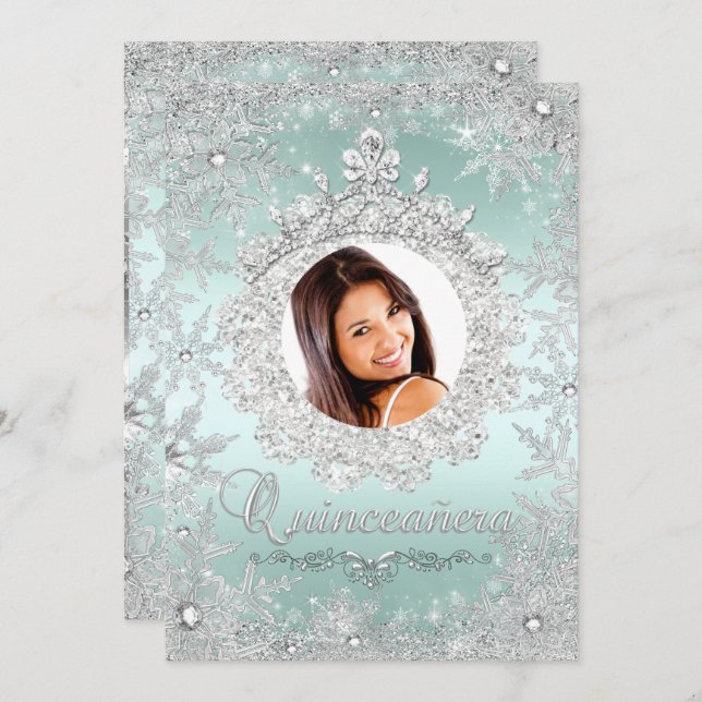 Convites Mint Silver Tiara Snowflake Sparkle Quinceanera (Frente/Verso)