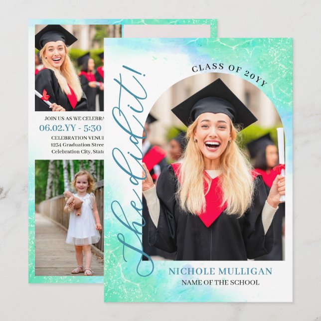 Convites Mint Teal She Did It Graduation Announcment Party (Frente/Verso)