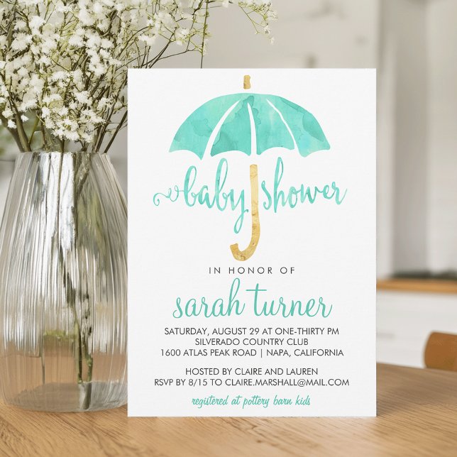 Convites Mint Umbrella Neutral Baby Shower Invtions (Criador carregado)