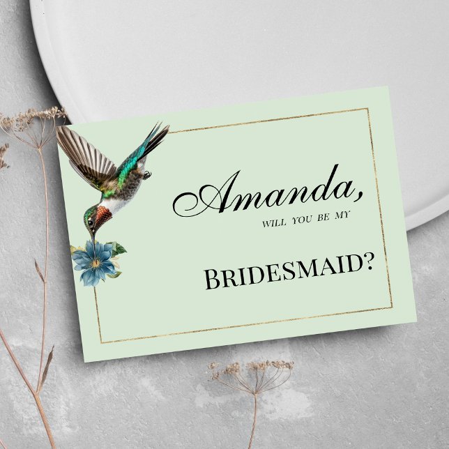 Convites Mint verde-dourado, beija-flor colorida Bridesmaid (Mint green gold colorful hummingbird Bridesmaid )